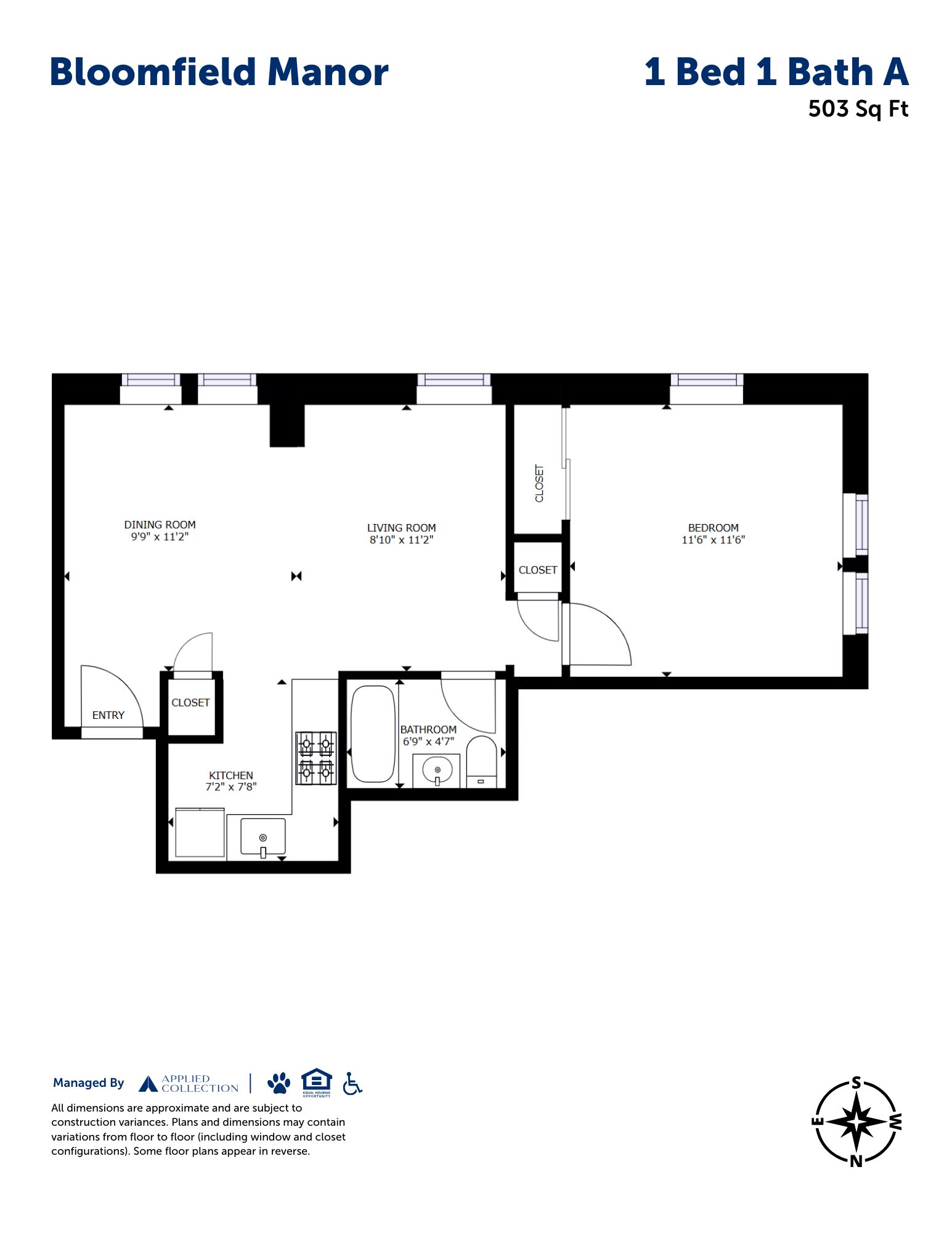 Floor plan for 1 bed, 1 bath, 503 sqft